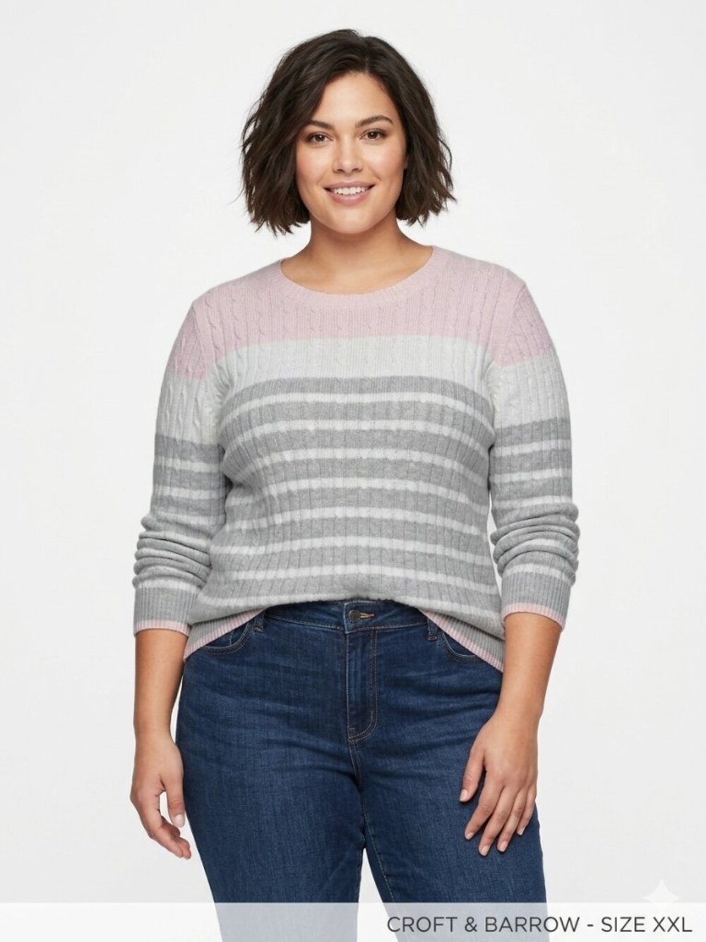 Croft & Barrow XXL Pink Gray Stripes Long Sleeve Cable Knit Pullover Sweater